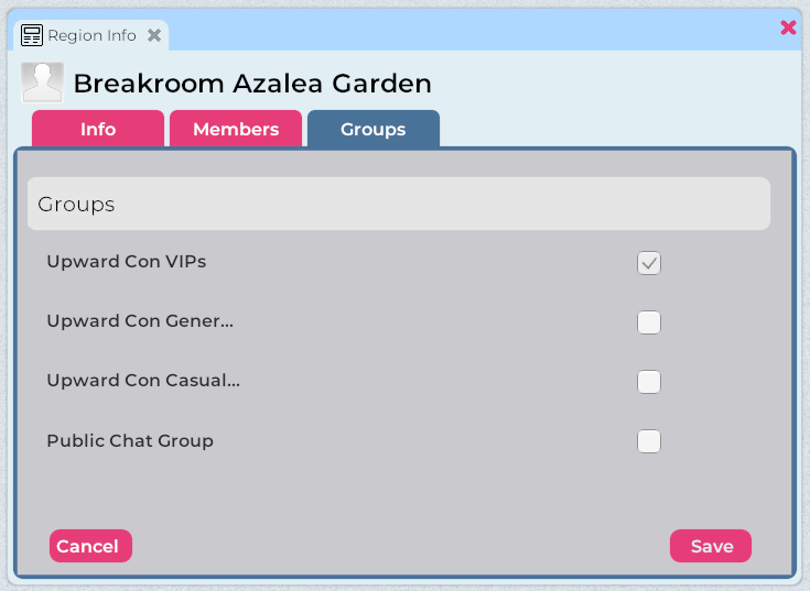 A screenshot of the Region Information window > Groups tab, with four groups listed.